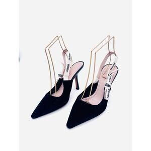 Dior J’Adior Black Velvet Logo Slingback Pumps Kitten Heel EU 36.5